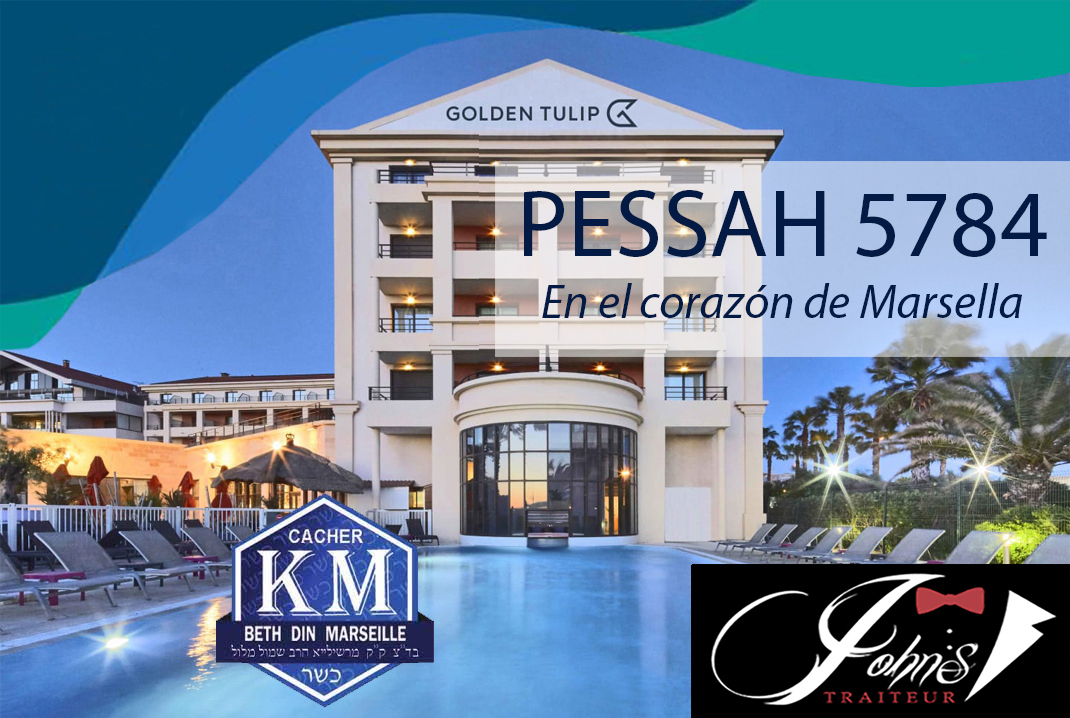Foto de la organizacin del PESSAH en Marsella en 2024 en la que se ve el catering JOHN'S TRAITEUR y el CACHEROUT del BETH DIN de Marsella. En esta foto se puede ver el hotel GOLDEN TULIP con su piscina y tumbonas a un lado, tambin hay palmeras a la derecha de la foto y una vista de los edificios detrs del hotel El cielo est iluminado y en la fachada est el logotipo del hotel.